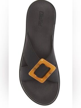 New Olukai La’i Slide Black Size 7 Tortoise Buckle vacation slide